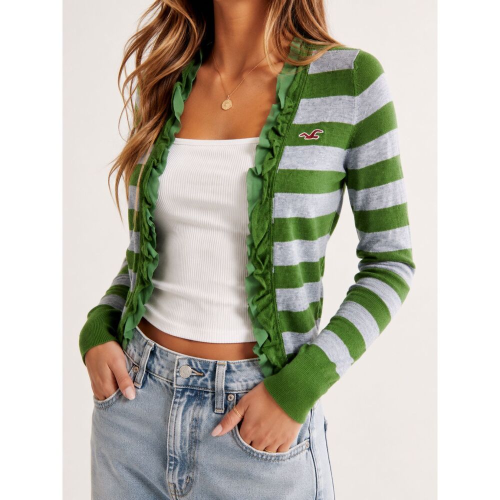 NWT Hollister Y2K Green Gray Striped Ruffle Open Cardigan Sweater Medium